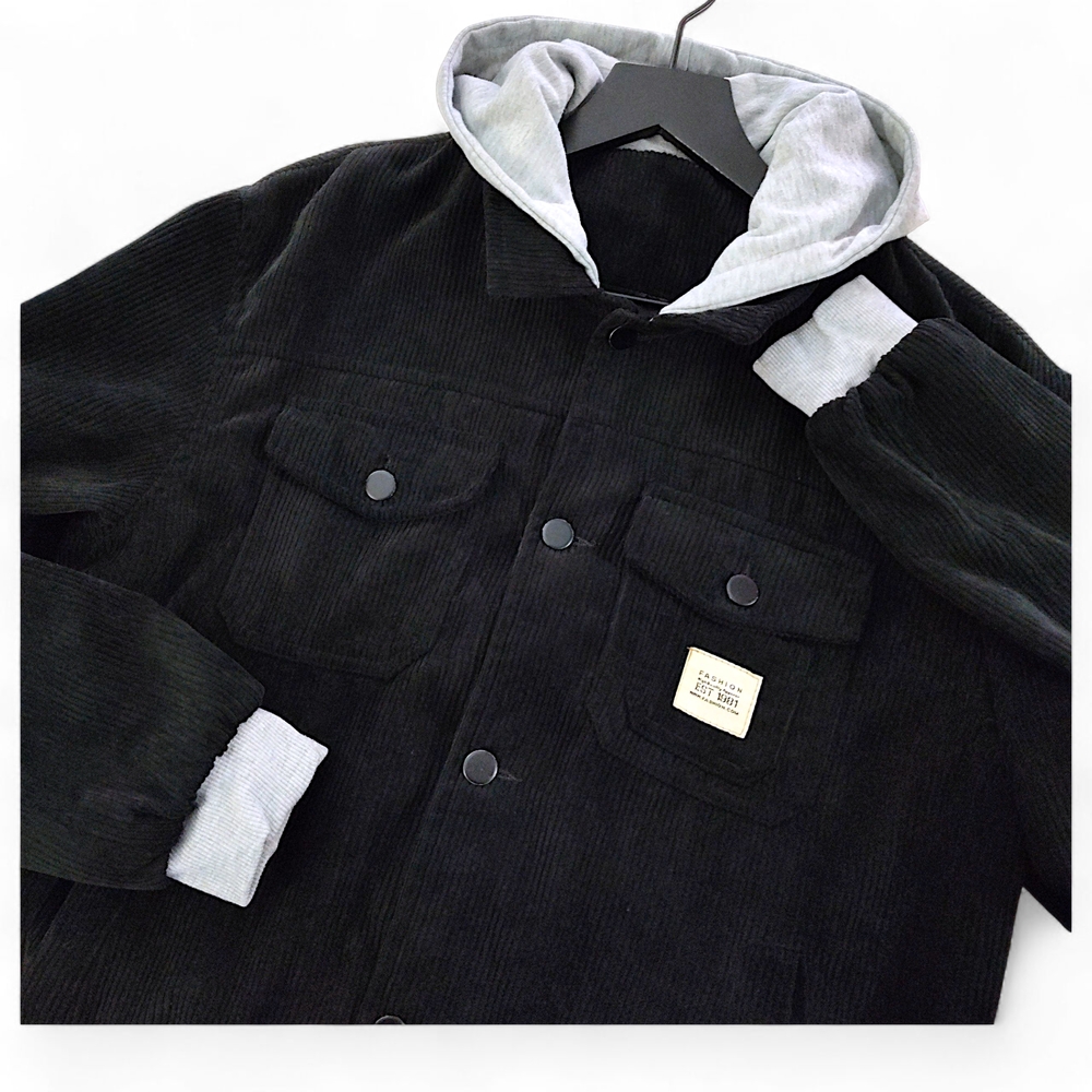 Men's Black Corduroy Jacket with Hood Size XS - Picture 2 of 11